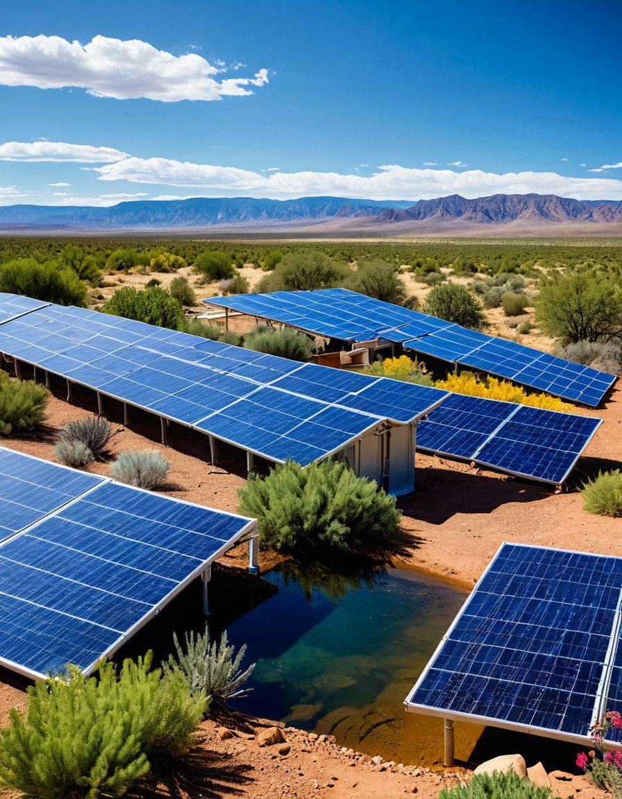 A beautifully illustrated landscape of New Mexico showcasing sustainable water solutions, featuring a series of efficient rainwater harvesting systems, solar panels, and community gardens. Include vibrant blue skies, arid desert terrain, and people engaging in eco-friendly water practices. The scene should evoke a sense of hope and innovation for a sustainable future. surrealistic. vibrant colors. 3D.
