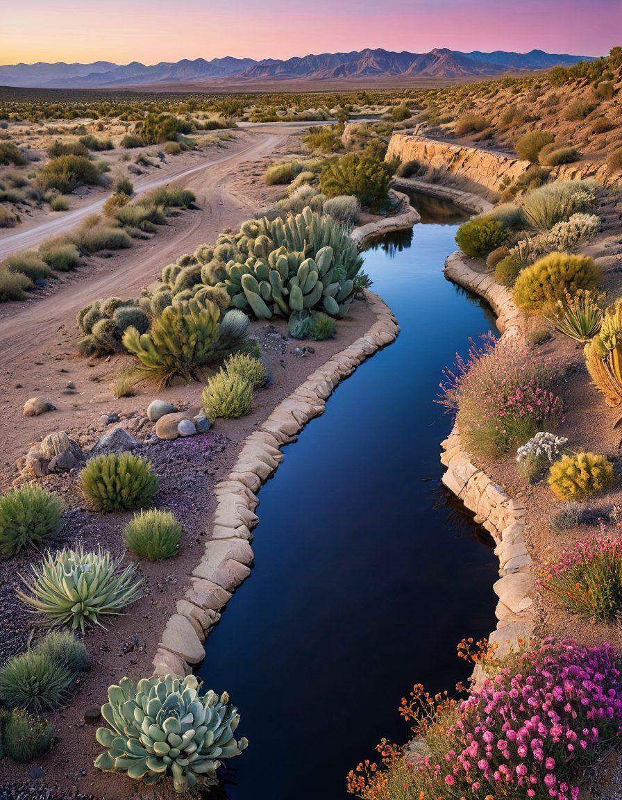A vivid landscape of New Mexico featuring a river surrounded by arid desert, illustrating the contrast between water scarcity and natural beauty. Include elements of water management, such as irrigation canals and rainwater harvesting systems, alongside native flora. In the sky, show a blend of evening colors hinting at a sunset, symbolizing hope for water quality improvement. super-realistic. vibrant colors.