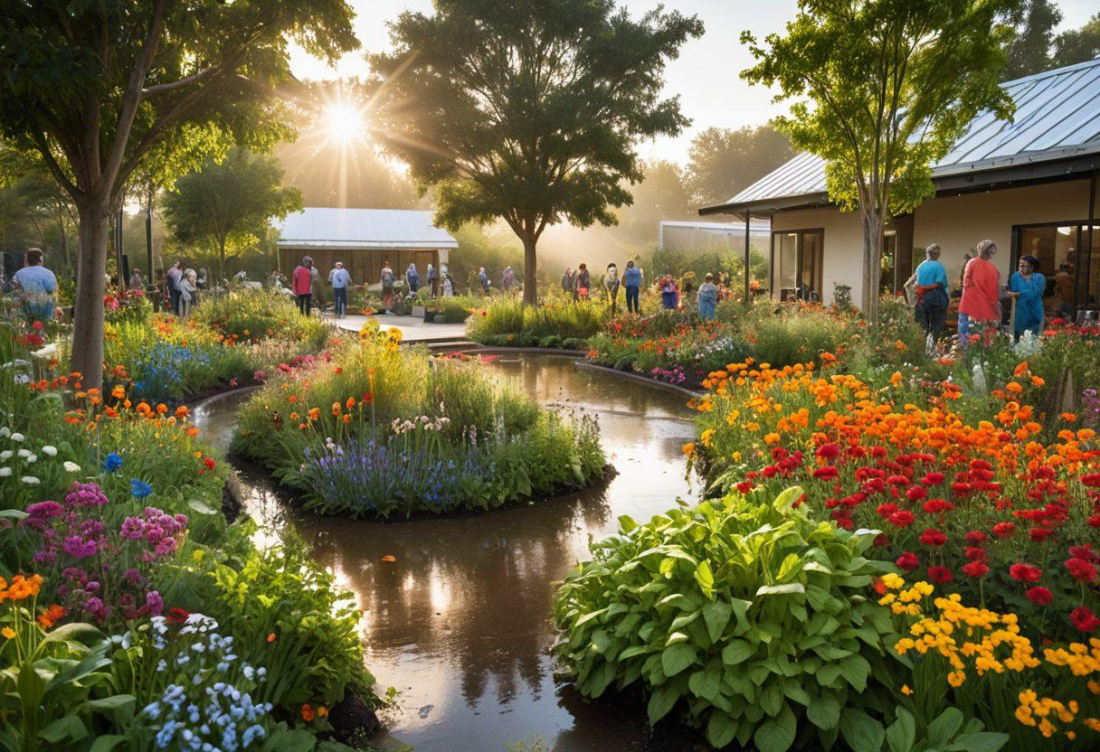 A vibrant community scene showcasing diverse individuals collaborating on sustainable water practices. Include a visually striking rainwater harvesting system and lush greenery around. Use bright colors to highlight unity and environmental consciousness. Capture the essence of innovation and teamwork, with the sun shining down on the community garden. super-realistic. vibrant colors. white background.